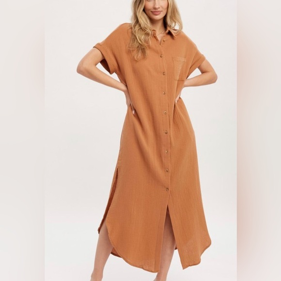 Bluivy Dresses & Skirts - Camel woven cotton button up midi maxi dress nwot
